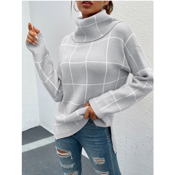 Grey Grid Printed Long Sweater Plaid Pattern Split Sides Pullover Turtleneck - Picture 4 of 16